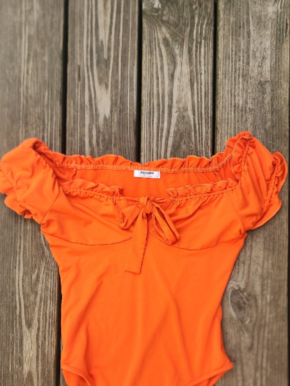 Zeagoo Orange Off-Shoulder Tie-Front Bodysuit - Picture 3 of 6